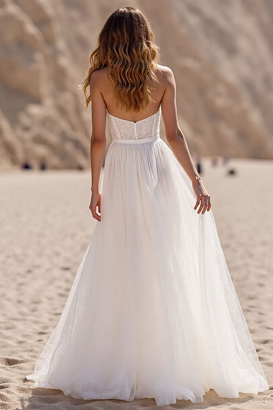 Ivory Sweetheart Corset Tulle Sweep Train Wedding Dress with Lace