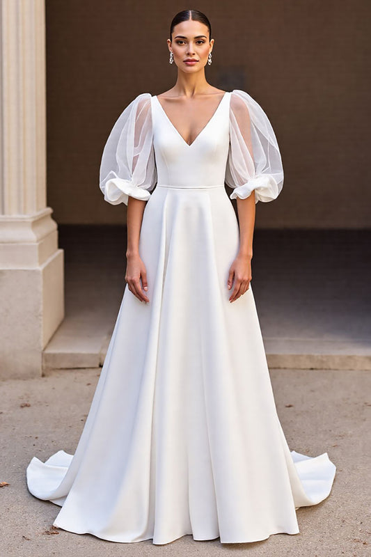Ivory Satin V-Neck A Line Sweep Train Wedding Dress with Sleeves