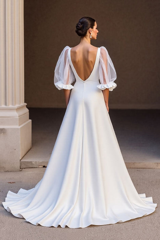 Ivory Satin V-Neck A Line Sweep Train Wedding Dress with Sleeves