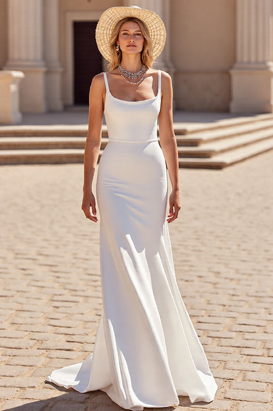 Ivory Boho Satin Sheath Sweep Train Wedding Dress