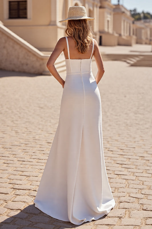 Ivory Boho Satin Sheath Sweep Train Wedding Dress