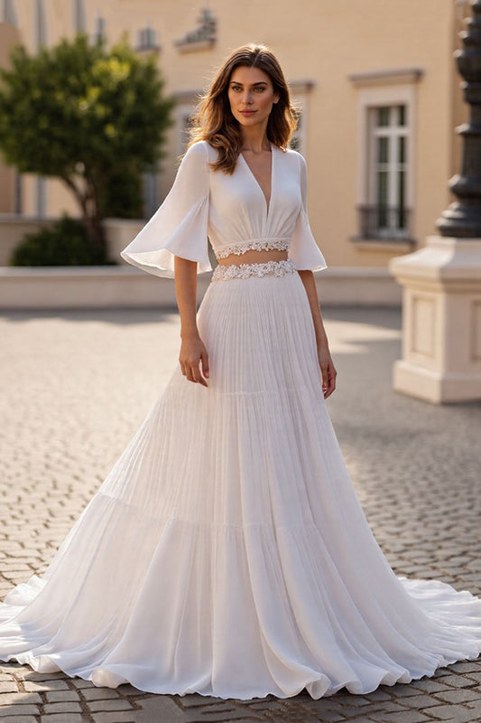 Ivory Chiffon 2 Piece Half Sleeves Boho Sweep Train Wedding Dress