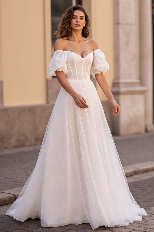 Ivory Tulle Puff Sleeves Corset A Line Wedding Dress
