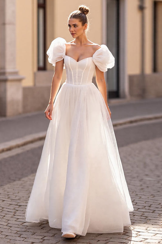 Ivory Tulle Puff Sleeves Corset A Line Wedding Dress
