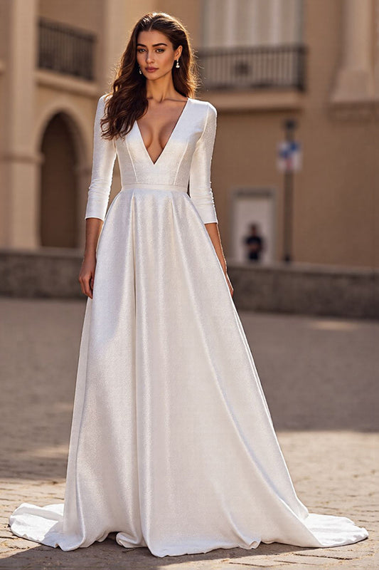 Simple Ivory Satin V-Neck 3/4 Sleeves A Line Sweep Train Wedding Dress