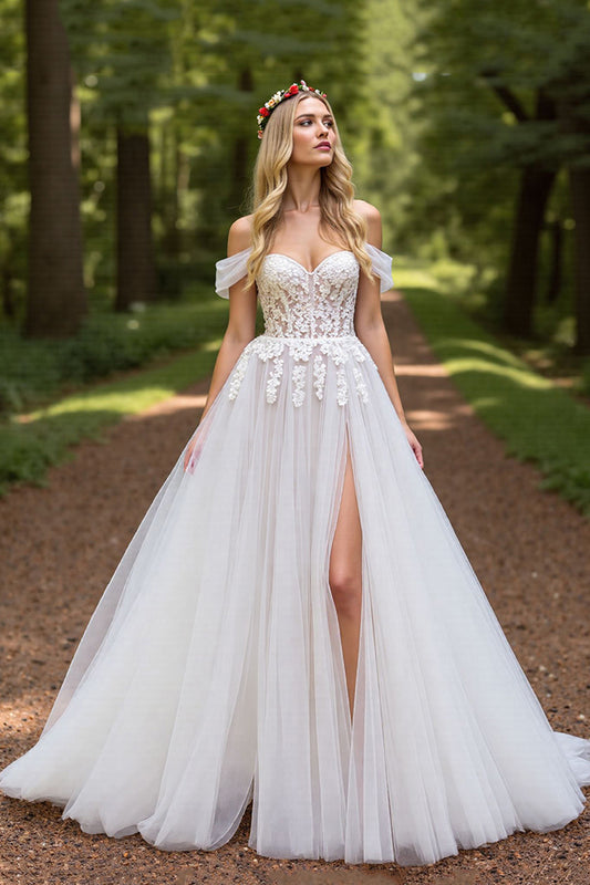 Tulle Ivory A-Line Sweep Train Wedding Dress with Slit