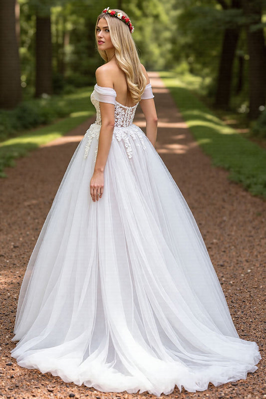 Tulle Ivory A-Line Sweep Train Wedding Dress with Slit
