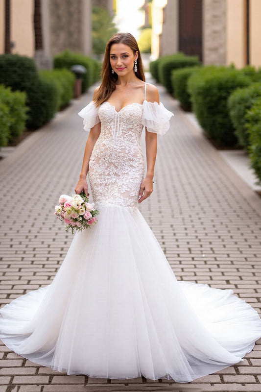 Tulle Ivory Mermaid Cold Shoulder Sweep Train Wedding Dress with Lace