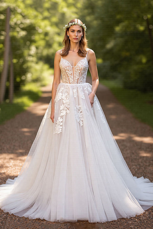 A-Line Corset Tulle Ivory Sweep Train Wedding Dress with Lace