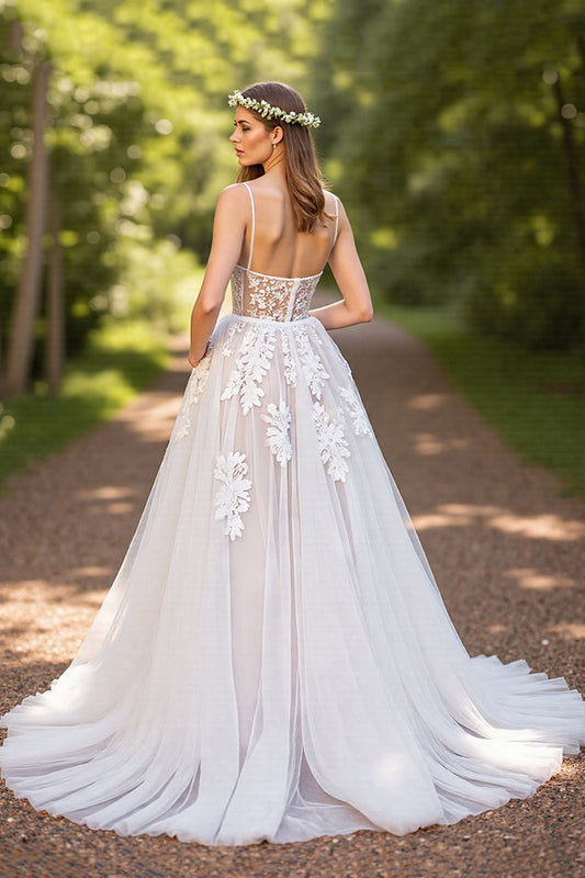 A-Line Corset Tulle Ivory Sweep Train Wedding Dress with Lace