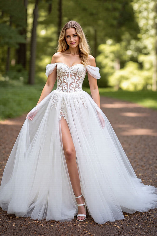 Tulle Corset A-Line Ivory Sweep Train Wedding Dress with Slit