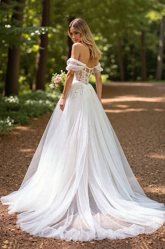 Tulle Corset A-Line Ivory Sweep Train Wedding Dress with Slit
