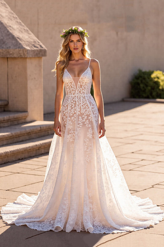 Ivory Lace A Line Corset Deep V-Neck Sweep Train Wedding Dress