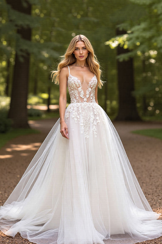 Tulle Deep V-Neck Ball Gown Ivory Wedding Dress with Appliques
