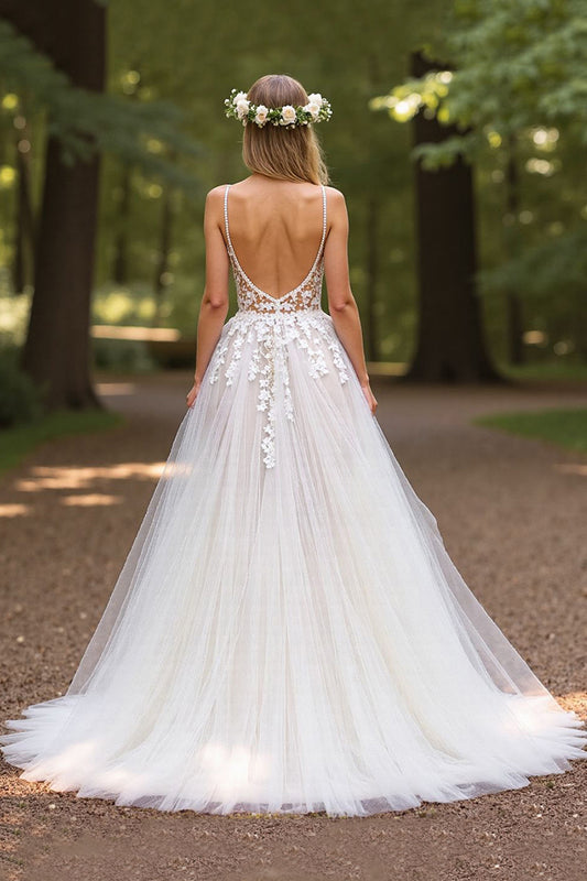 Tulle Deep V-Neck Ball Gown Ivory Wedding Dress with Appliques