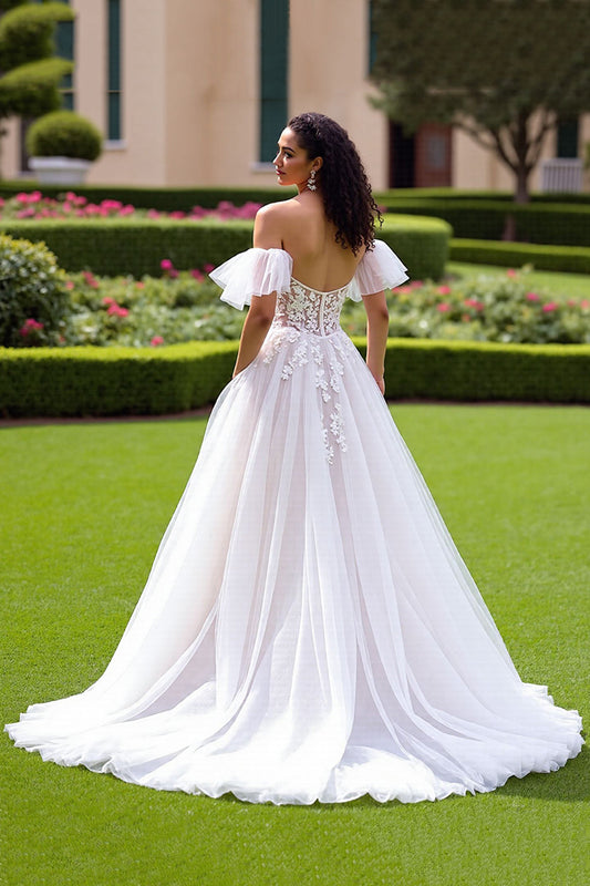 Tulle Ivory Ruffled Corset Ball Gown Wedding Dress with Lace