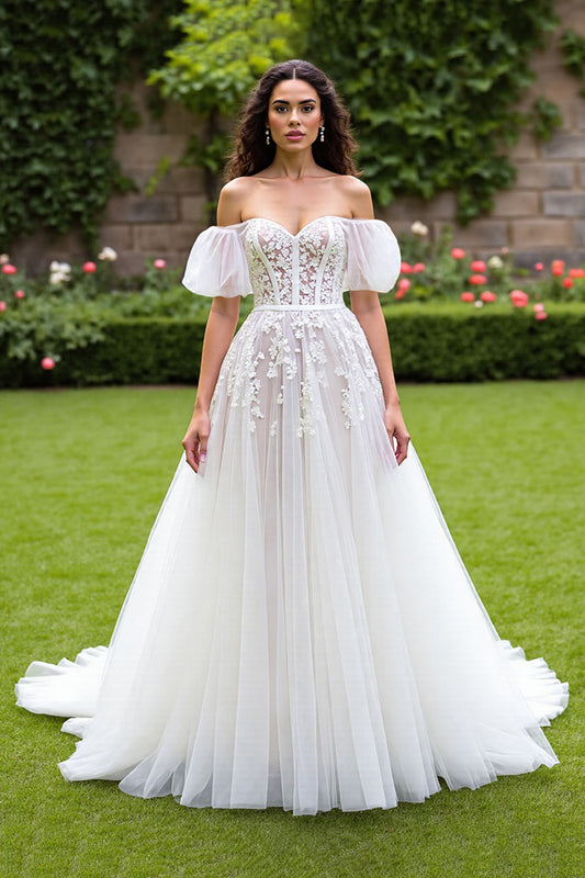Tulle Corset Puff Sleeves Ivory Sweep Train Wedding Dress with Appliques