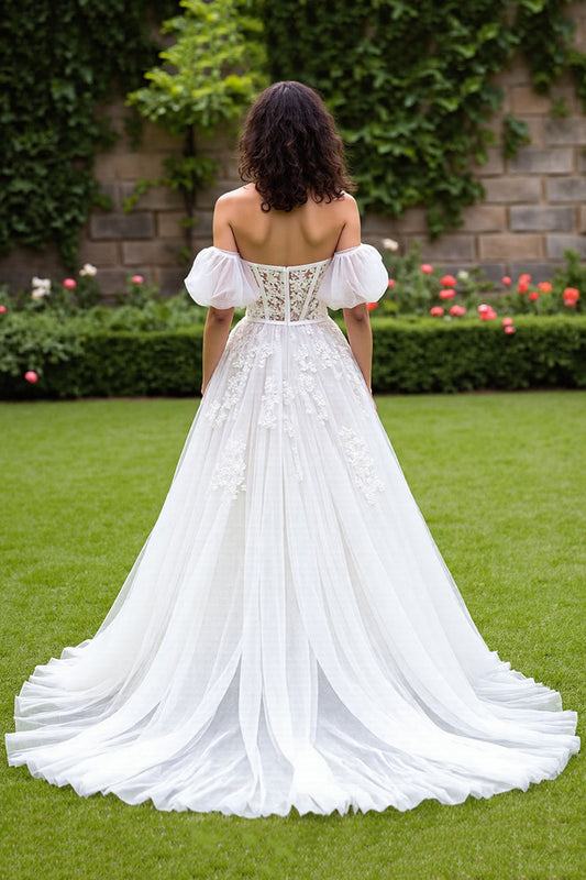 Tulle Corset Puff Sleeves Ivory Sweep Train Wedding Dress with Appliques