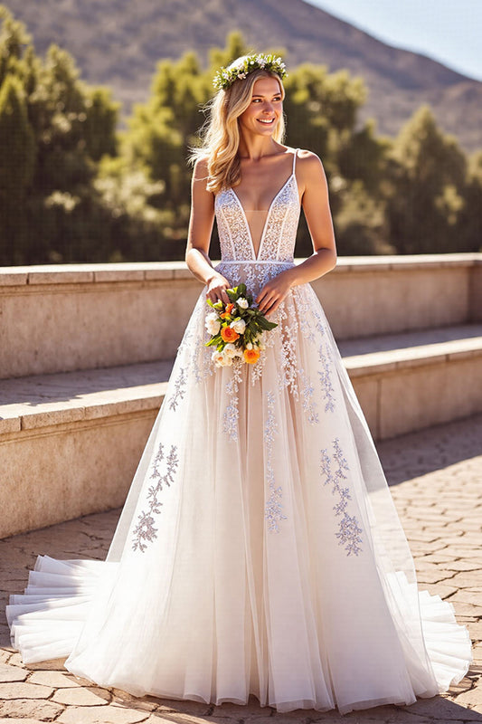 Corset Deep V-Neck Ivory Backless Wedding Dress with Appliques