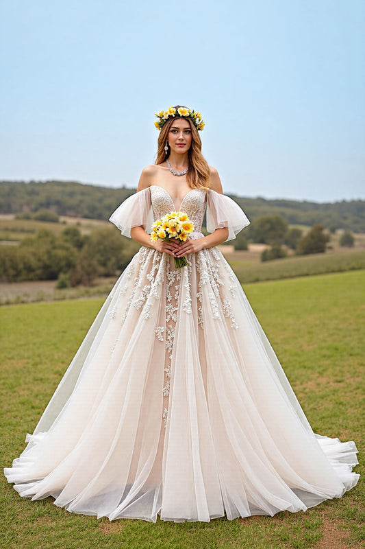 Apricot Tulle Ruffled Ball Gown Sweep Train Wedding Dress with Appliques