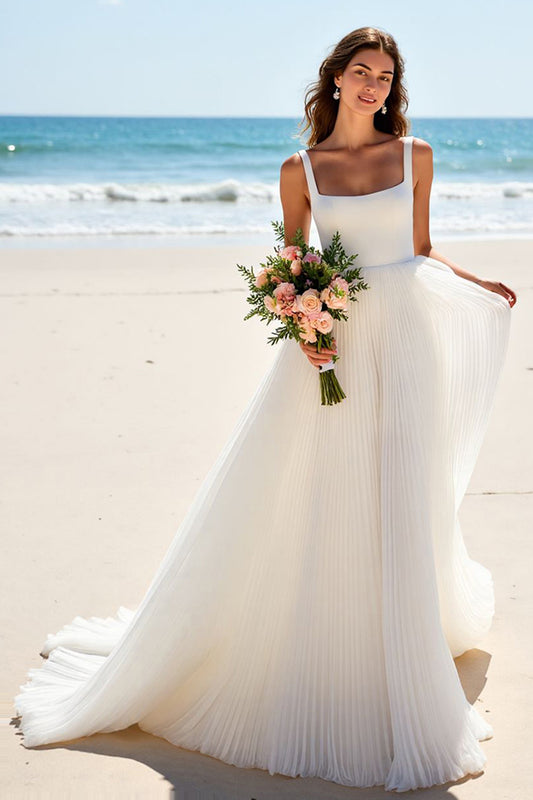 Ivory Chiffon Scoop Neck A Line Sweep Train Wedding Dress