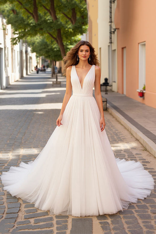 Ivory Tulle Deep V-Neck A Line Sweep Train Wedding Dress