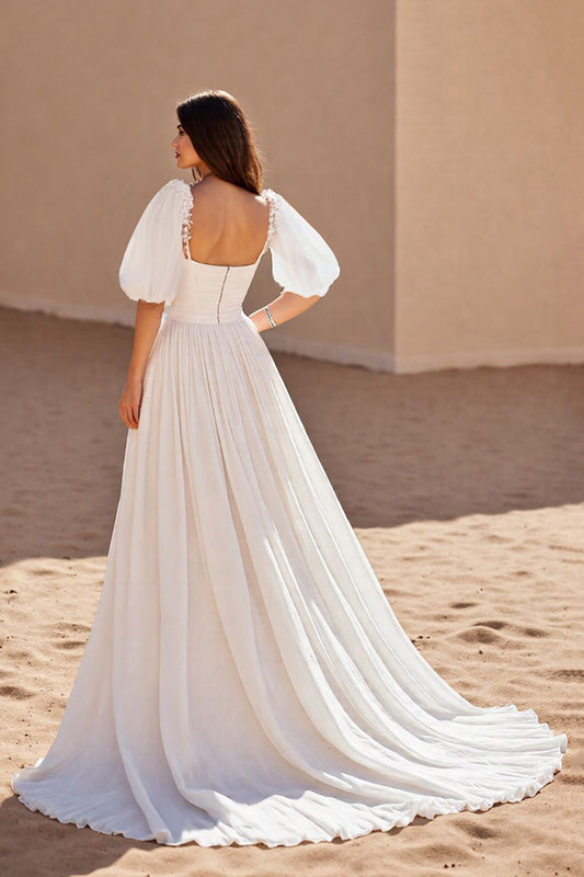 Ivory A Line Chiffon Sweep Train Wedding Dress with Puff Sleeves