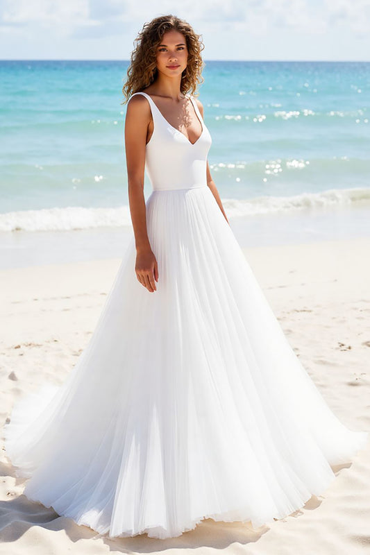 Ivory A Line Tulle V-Neck Backless Sweep Train Wedding Dress