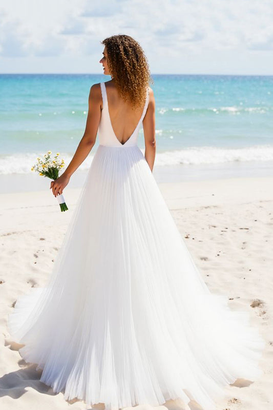 Ivory A Line Tulle V-Neck Backless Sweep Train Wedding Dress