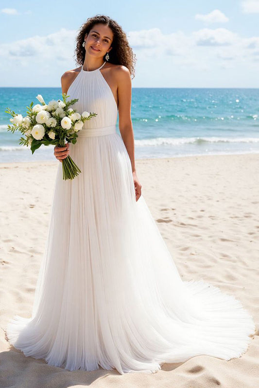 Ivory A Line Tulle Halter Backless Sweep Train Wedding Dress