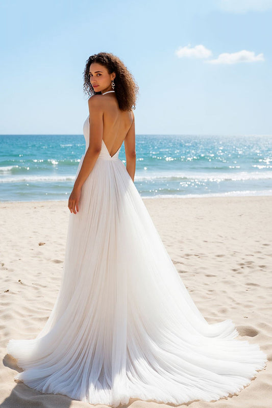 Ivory A Line Tulle Halter Backless Sweep Train Wedding Dress