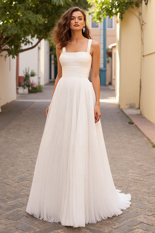 Ivory A Line Tulle Square Neck Sweep Train Wedding Dress