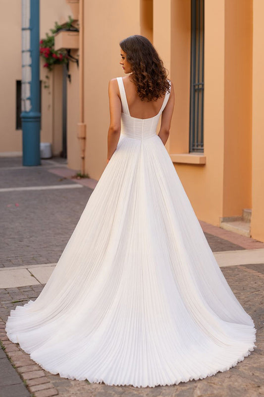 Ivory A Line Tulle Square Neck Sweep Train Wedding Dress