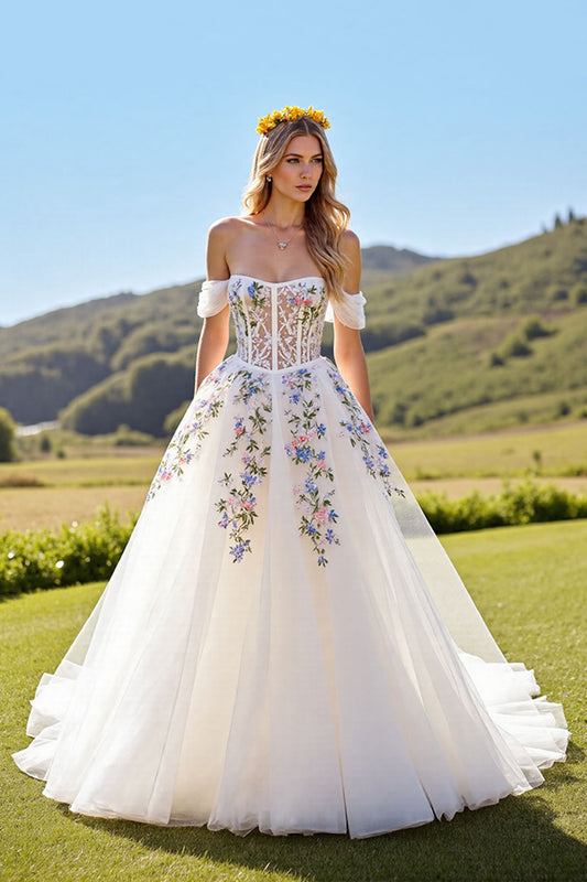 Ivory Corset Tulle Off the Shoulder Sweep Train Floral Wedding Dress