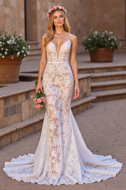 Ivory Lace Spaghetti Straps Sweep Train Mermaid Boho Wedding Dress