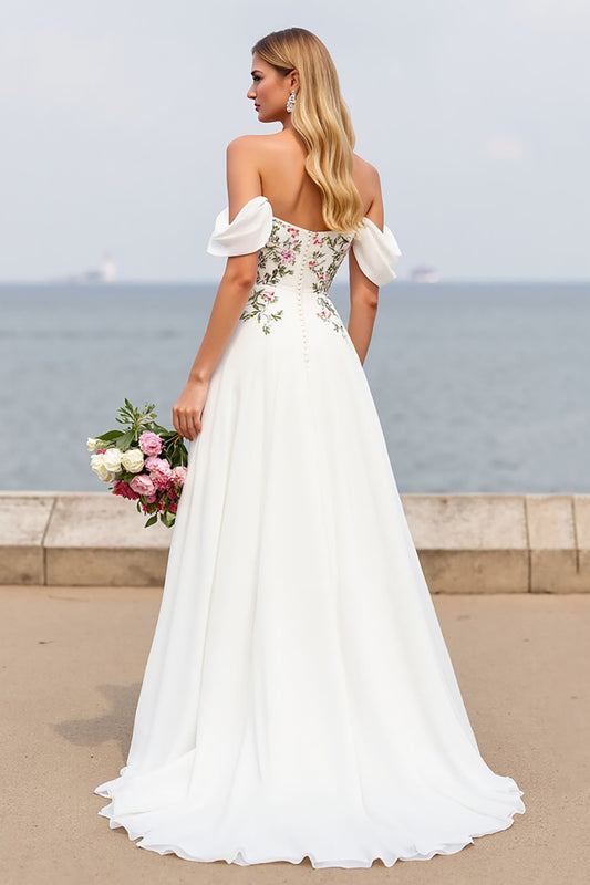 Ivory Off the Shoulder A Line Floral Sweep Train Chiffon Wedding Dress with Slit