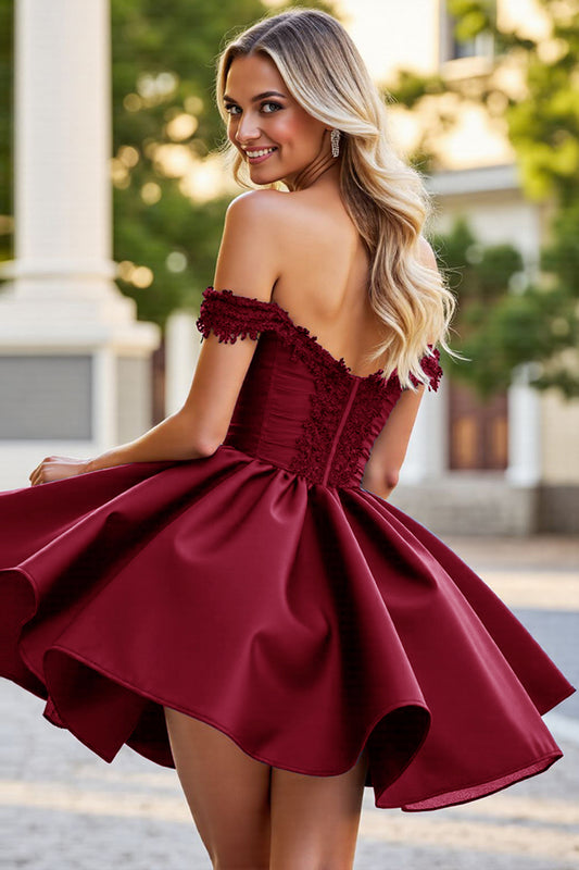 Burgundy A Line Satin Corset Short Homecoming Dress with Lace