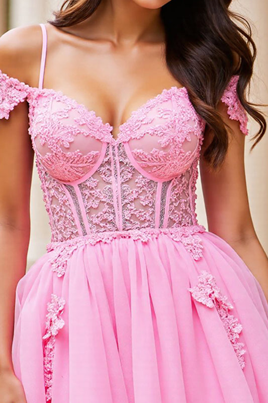 Pink Corset A Line Short Tulle Homecoming Dress with Lace