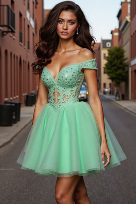 Sparkly Light Green Tulle A Line Corset Short Homecoming Dress with Lace