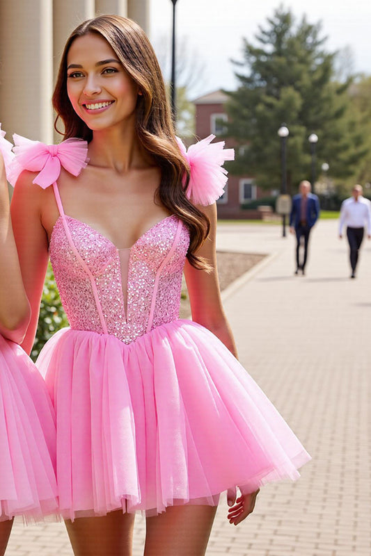 Sparkly Pink A Line Short Tulle Homecoming Dress with Sequins