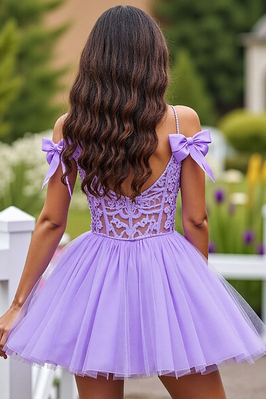 Lavender A Line Corset Short Tulle Homecoming Dress with Lace