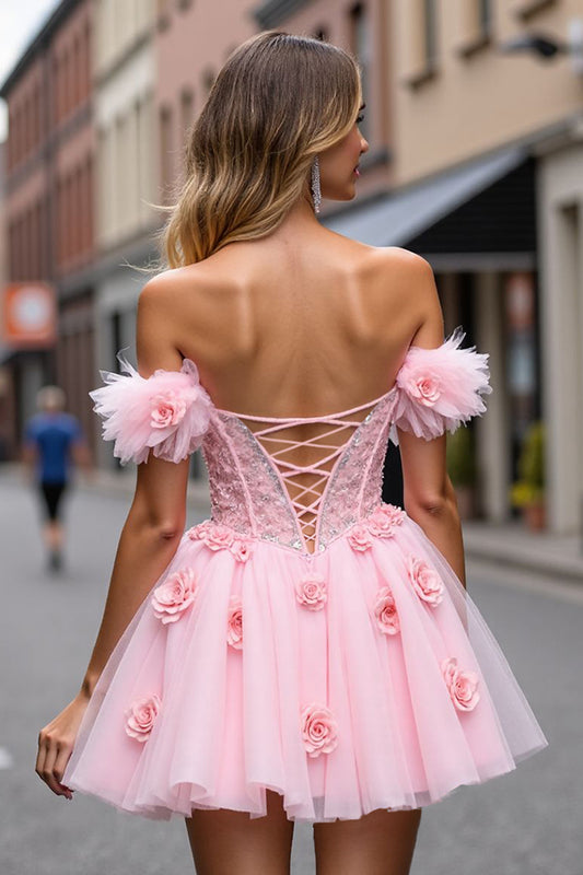 Blush Floral Corset Short Homecoming Dress with Lace