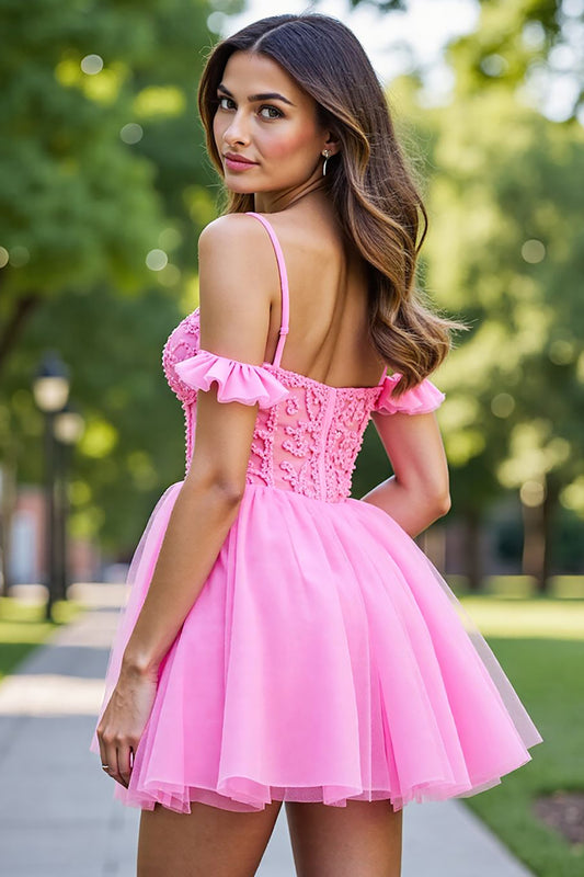 Pink Corset Ruffled Short Tulle Homecoming Dress with Lace
