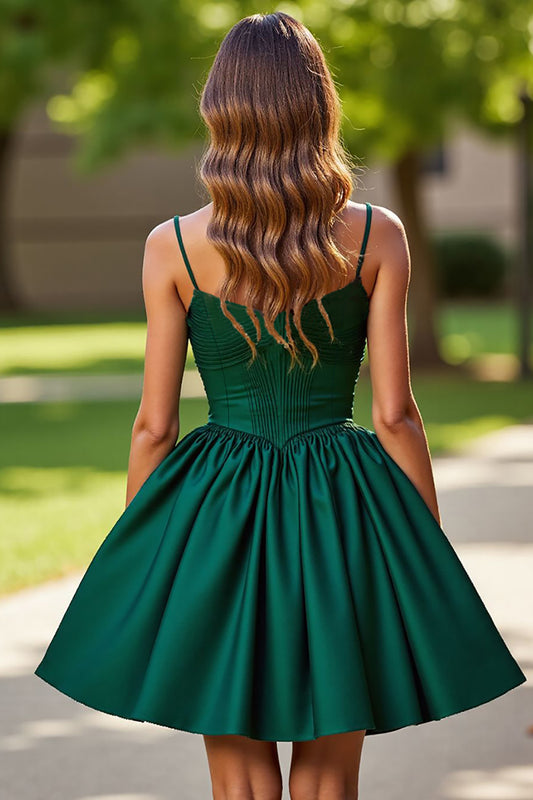 Sparkly Dark Green Corset Satin Short Homecoming Dress with Rhinestones