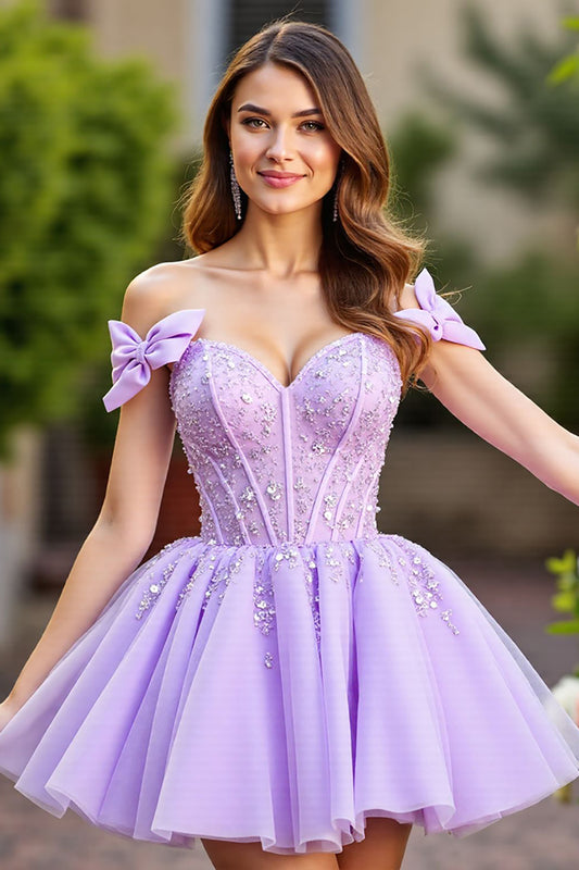 Lavender Corset Tulle Short Homecoming Dress with Bows