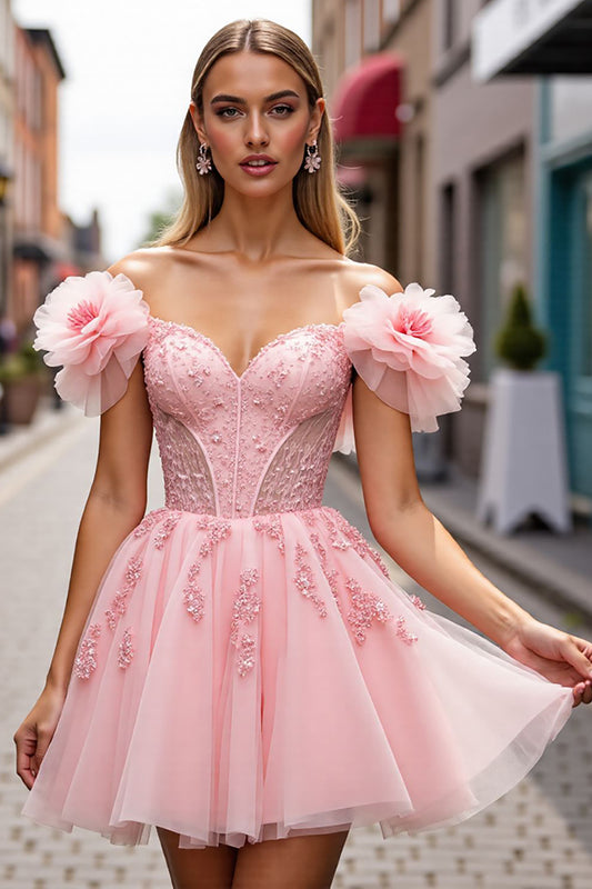 Blush Corset Floral Short Homecoming Dress with Appliques