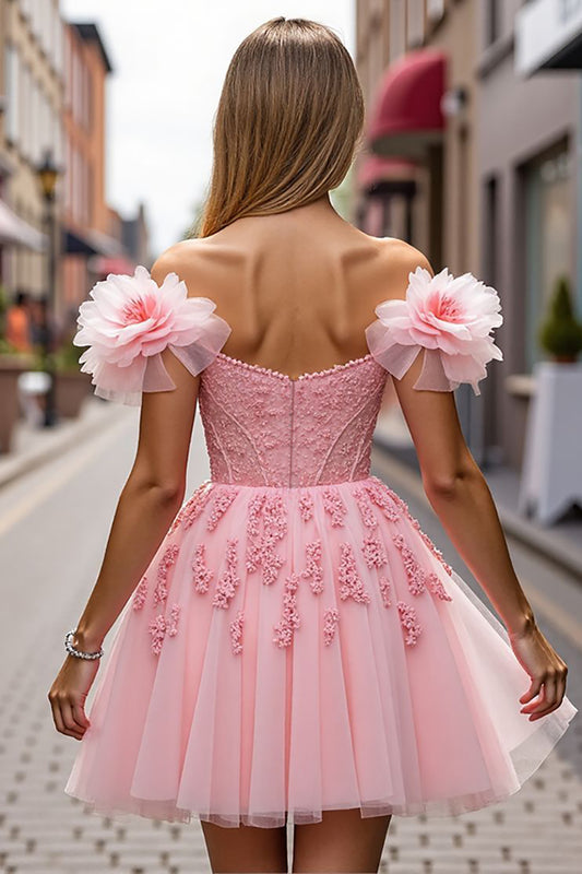 Blush Corset Floral Short Homecoming Dress with Appliques