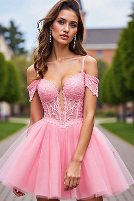 Blush Corset Tulle Detachable Sleeves Short Homecoming Dress with Lace