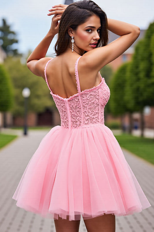 Blush Corset Tulle Detachable Sleeves Short Homecoming Dress with Lace