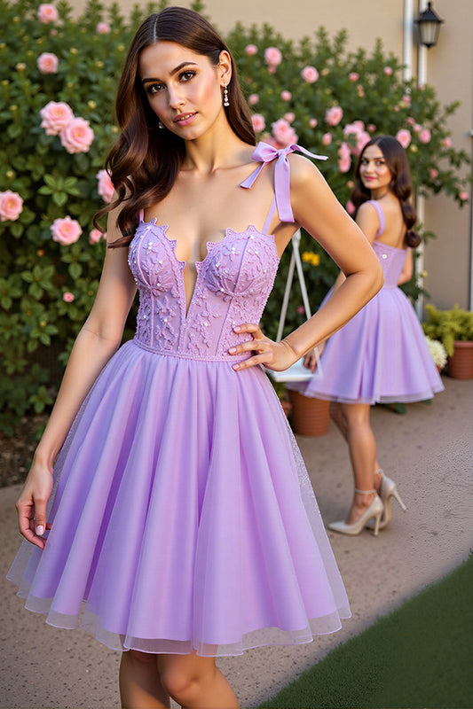 Lavender Tulle Corset Short Floral Homecoming Dress with Lace